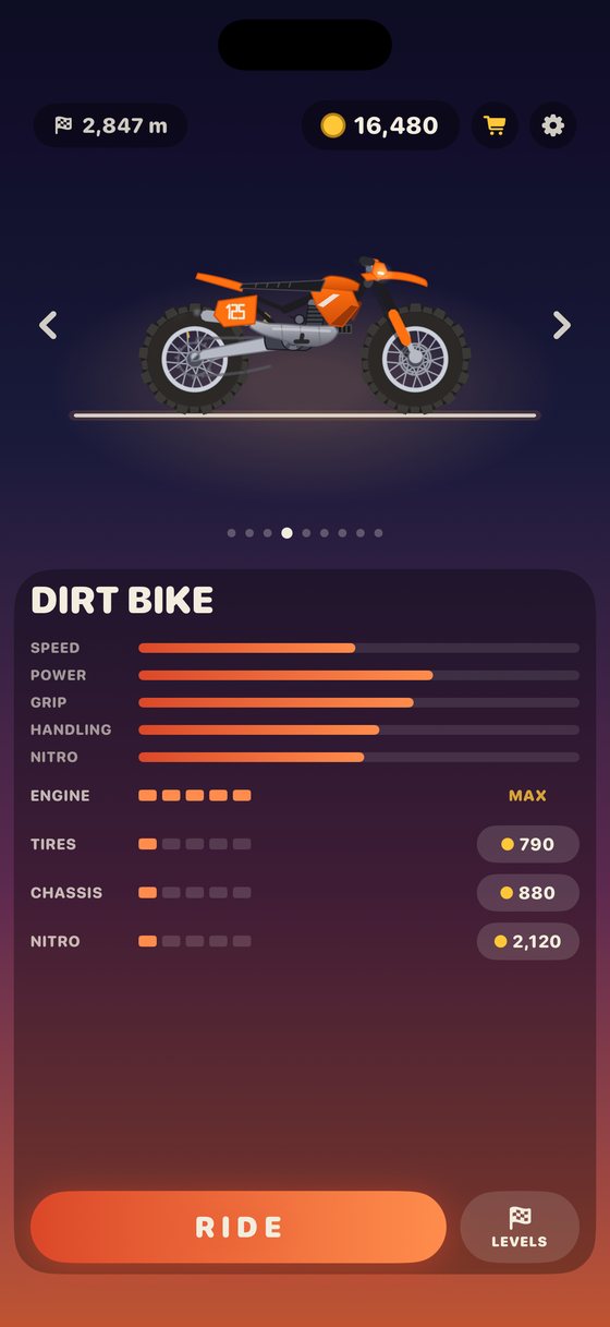 The garage, showing a dirt bike and its upgrade levels